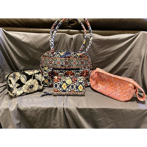 VERA BRADLEY Lot Large Purse With Matching Wallet And 2 Makeup Bags Pink/black - Picture 1 of 5